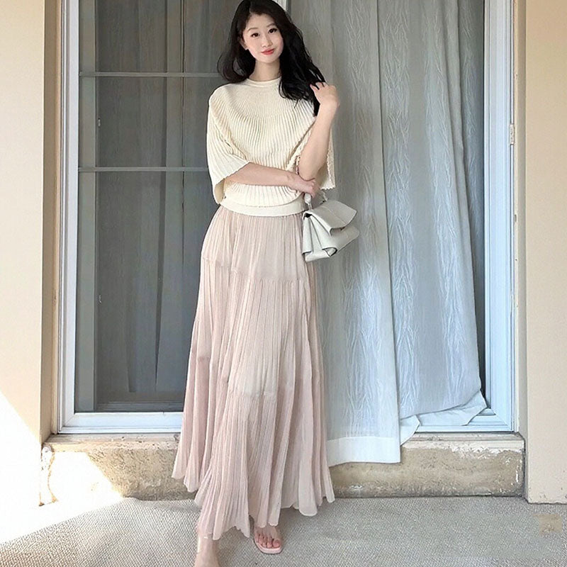 ハーフスリーブリブニットトップス+プリーツロングスカート 2 点セット上品清楚 細見え 大人女子コーデ 通勤デート着回し