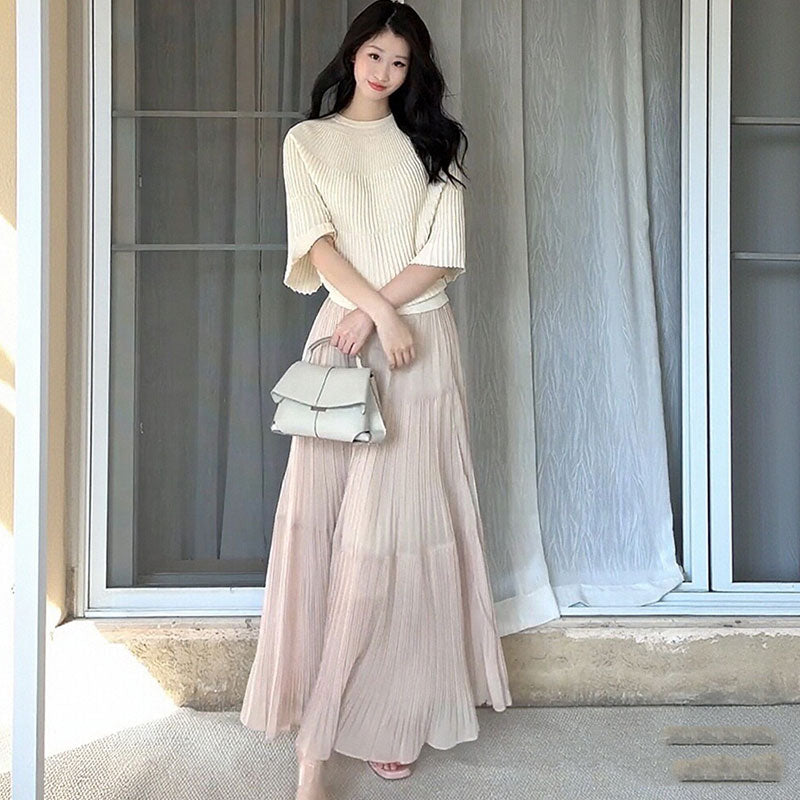 ハーフスリーブリブニットトップス+プリーツロングスカート 2 点セット上品清楚 細見え 大人女子コーデ 通勤デート着回し
