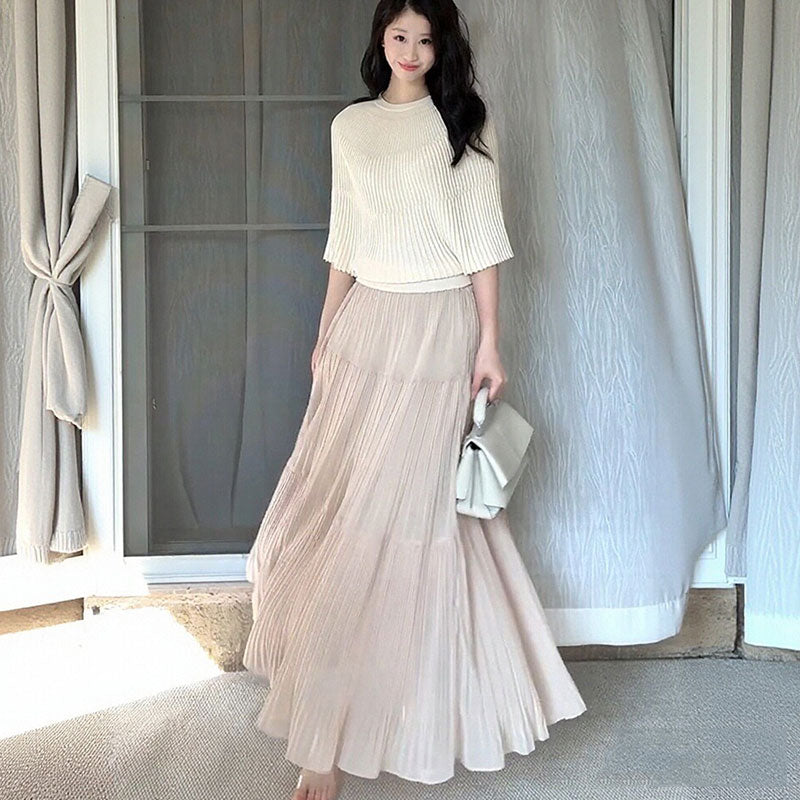 ハーフスリーブリブニットトップス+プリーツロングスカート 2 点セット上品清楚 細見え 大人女子コーデ 通勤デート着回し