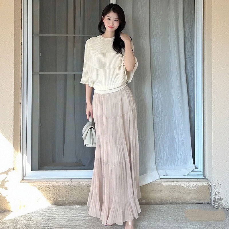 ハーフスリーブリブニットトップス+プリーツロングスカート 2 点セット上品清楚 細見え 大人女子コーデ 通勤デート着回し