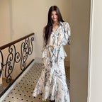 【セットアップ】水染み柄シアーフリルシャツ+ロングスカート（ベルト付き）柔らか大人女子お出かけリゾートコーデ