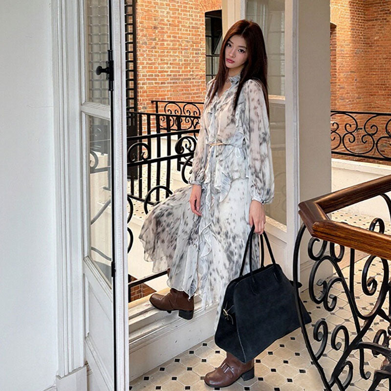 【セットアップ】水染み柄シアーフリルシャツ+ロングスカート（ベルト付き）柔らか大人女子お出かけリゾートコーデ