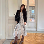 【セットアップ】水染み柄シアーフリルシャツ+ロングスカート（ベルト付き）柔らか大人女子お出かけリゾートコーデ