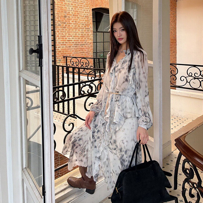 【セットアップ】水染み柄シアーフリルシャツ+ロングスカート（ベルト付き）柔らか大人女子お出かけリゾートコーデ