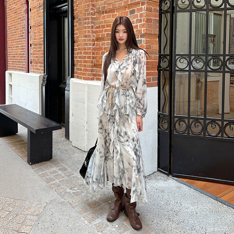 【セットアップ】水染み柄シアーフリルシャツ+ロングスカート（ベルト付き）柔らか大人女子お出かけリゾートコーデ