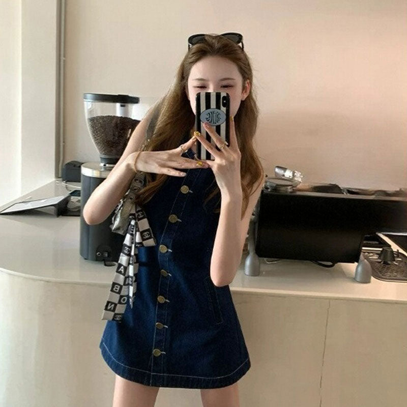 韓国風 ノースリーブデニムミニワンピース 前ボタン ポケット付き ジャンパースカート 夏カジュアル 大人可愛い