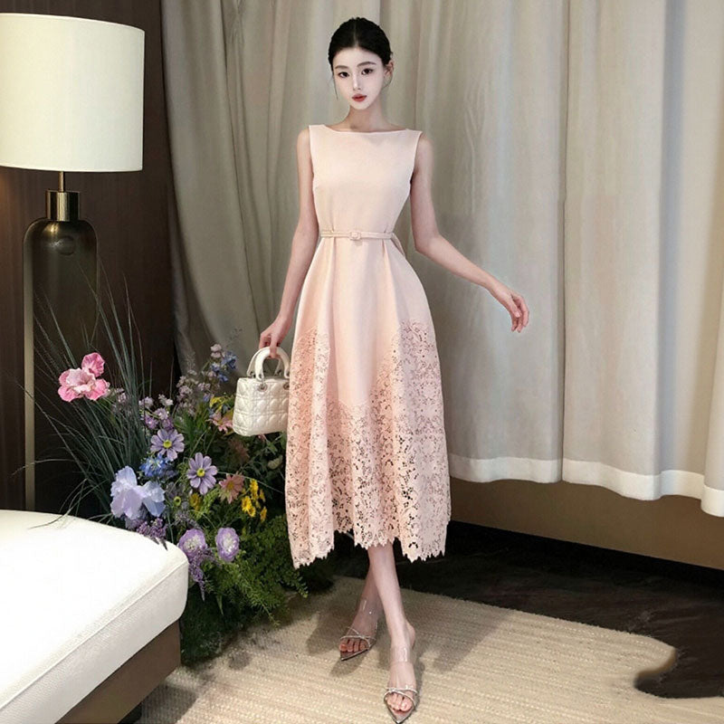 ノースリーブロングワンピース ベルト付き レース切り替え 上品 A ラインミディ丈 デート・結婚式二次会・お呼ばれコーデ