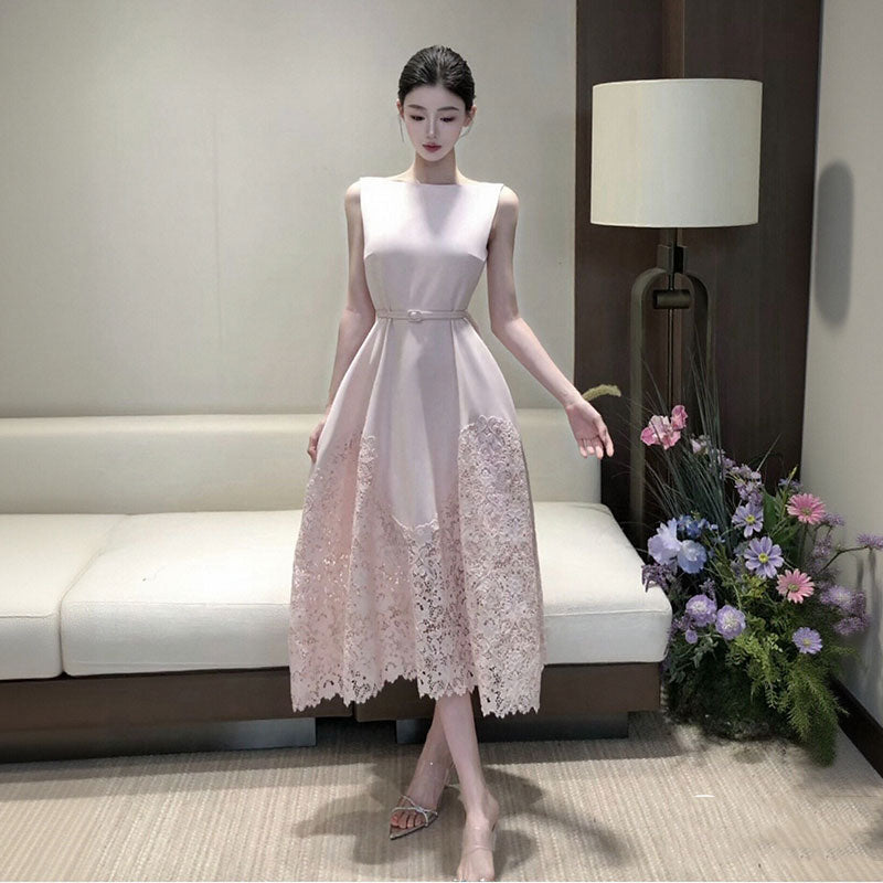 ノースリーブロングワンピース ベルト付き レース切り替え 上品 A ラインミディ丈 デート・結婚式二次会・お呼ばれコーデ