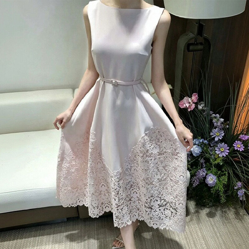 ノースリーブロングワンピース ベルト付き レース切り替え 上品 A ラインミディ丈 デート・結婚式二次会・お呼ばれコーデ