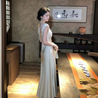 ノースリーブロングデートワンピース 胸シャーリング ウエスト刺繍レース切り替え結婚式お呼ばれ・デート・ブライズメイド 上品清楚韓国コーデ