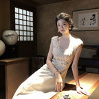 ノースリーブロングデートワンピース 胸シャーリング ウエスト刺繍レース切り替え結婚式お呼ばれ・デート・ブライズメイド 上品清楚韓国コーデ