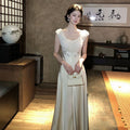 ノースリーブロングデートワンピース 胸シャーリング ウエスト刺繍レース切り替え結婚式お呼ばれ・デート・ブライズメイド 上品清楚韓国コーデ