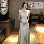 ノースリーブロングデートワンピース 胸シャーリング ウエスト刺繍レース切り替え結婚式お呼ばれ・デート・ブライズメイド 上品清楚韓国コーデ