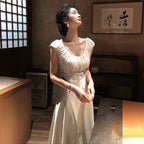 ノースリーブロングデートワンピース 胸シャーリング ウエスト刺繍レース切り替え結婚式お呼ばれ・デート・ブライズメイド 上品清楚韓国コーデ