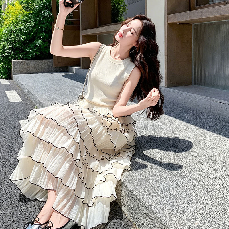 ノースリーブケーキマキシワンピース シフォンフリル大人可愛いデートワンピース飾り付き