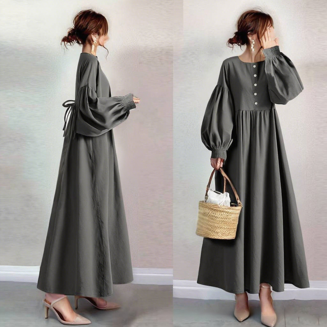 パフスリーブ無地ワンピース