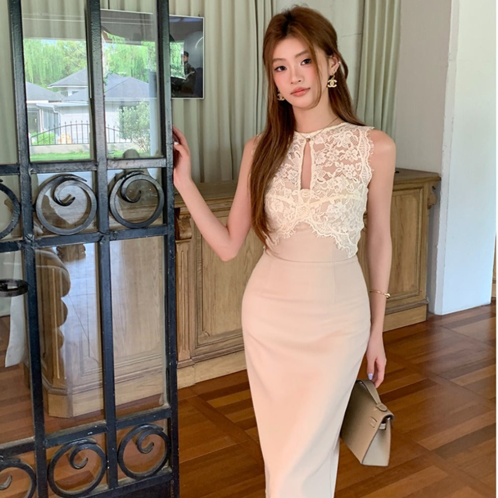 レースタイトミディワンピース レディース ノースリーブ きれいめ 着痩せ 結婚式 パーティー