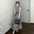 チェック柄 ノースリーブ ワンピース ロング 体型カバー 上品 エレガント 大人女子（ベルト付き）