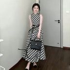 チェック柄 ノースリーブ ワンピース ロング 体型カバー 上品 エレガント 大人女子（ベルト付き）