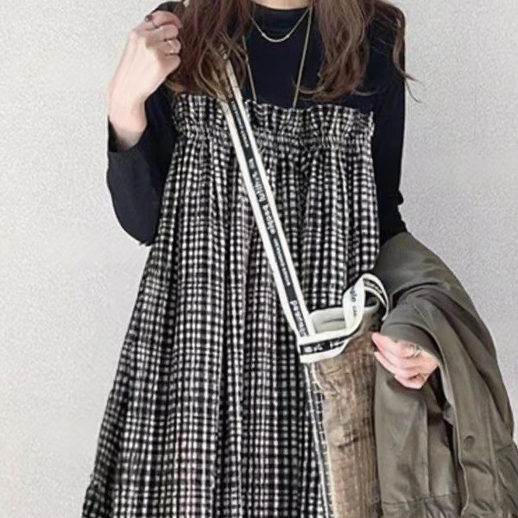 配色切替チェック柄カジュアルワンピース
