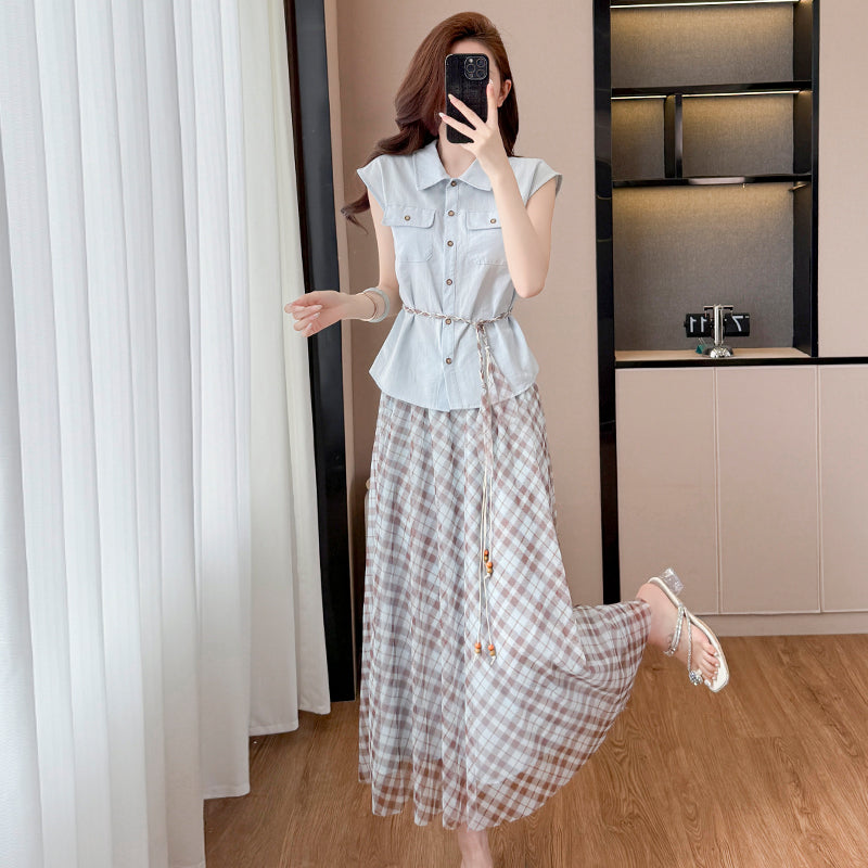 ノースリーブシャツ チェック柄ロングスカート セットアップ 夏 体型カバー 着痩せ 大人可愛い 韓国風（ベルト付き）