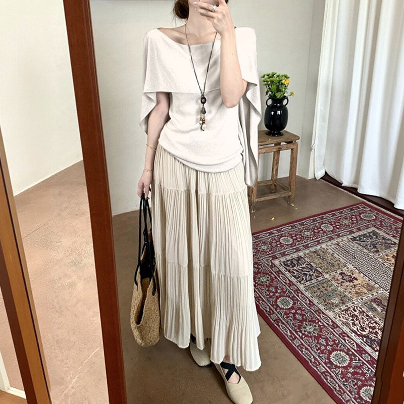 ケープ風 ニットトップス+ベージュプリーツロングスカート セットアップ 2 点セット