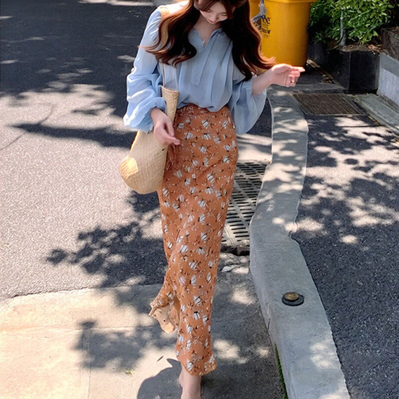 水色ブラウス × 花柄ロングスカート セットアップ レディース 春夏 ゆったり 通勤 カジュアル 大人可愛い