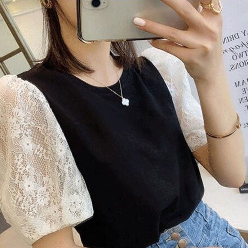 レース袖切替パフスリーブTシャツトップス