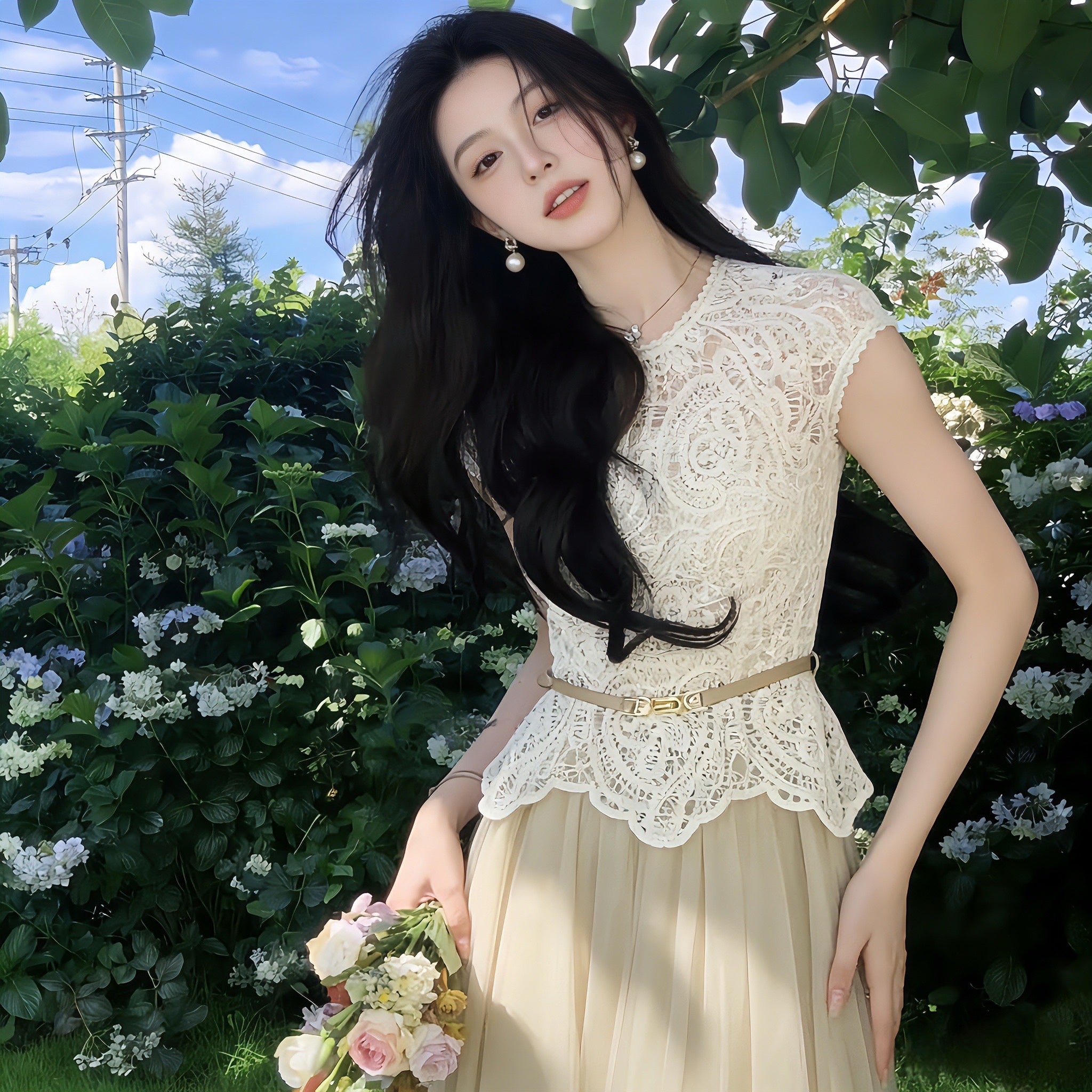 【セットアップ】レースノースリーブトップス × チュールスカート エレガント 大人可愛い 結婚式 / デート対応（ベルト付き）