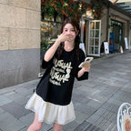 フレア裾アルファペットプリント半袖Tシャツワンピースカジュアルワンピース