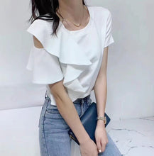 画像をギャラリービューアに読み込む, フレア裾半袖Tシャツショルダー開きデザイントップス
