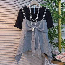 画像をギャラリービューアに読み込む, 重ね風チェック柄リボンTシャツトップス（ネック飾りなし）
