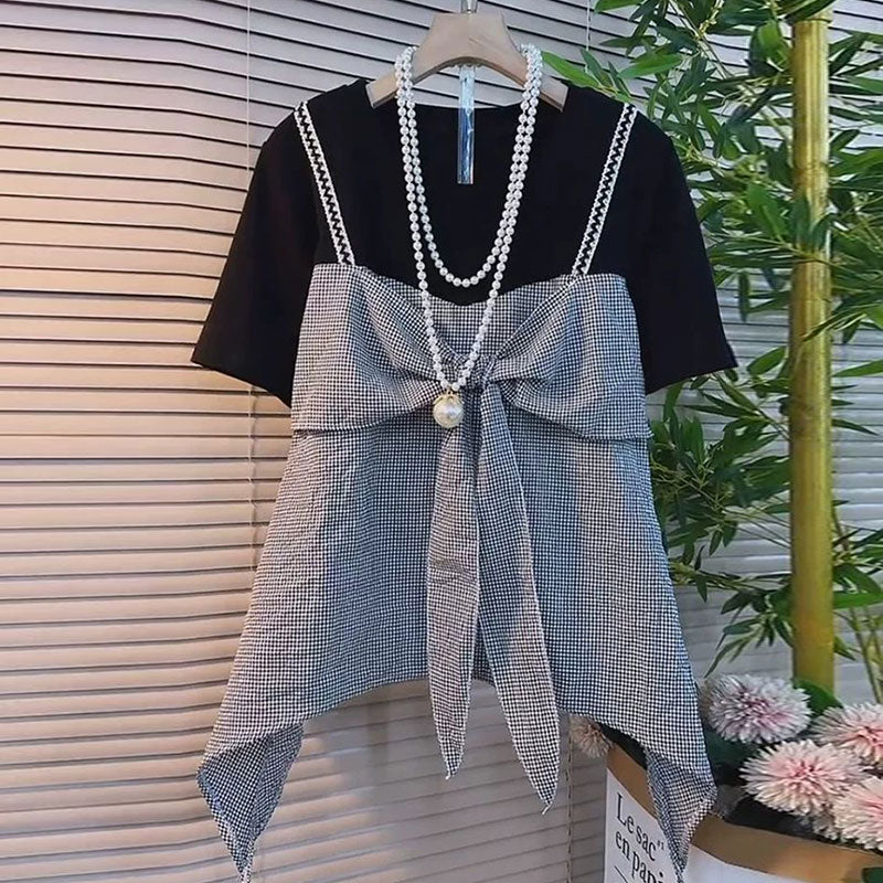 重ね風チェック柄リボンTシャツトップス（ネック飾りなし）