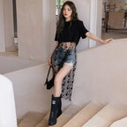 メッシュ花柄切替Tシャツワンピース透かし彫り