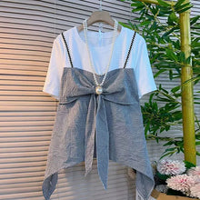 画像をギャラリービューアに読み込む, 重ね風チェック柄リボンTシャツトップス（ネック飾りなし）
