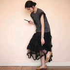 【セットアップ】フリル袖Tシャツ+黒花柄プリーツロングスカート レトロカジュアル日常コーデ
