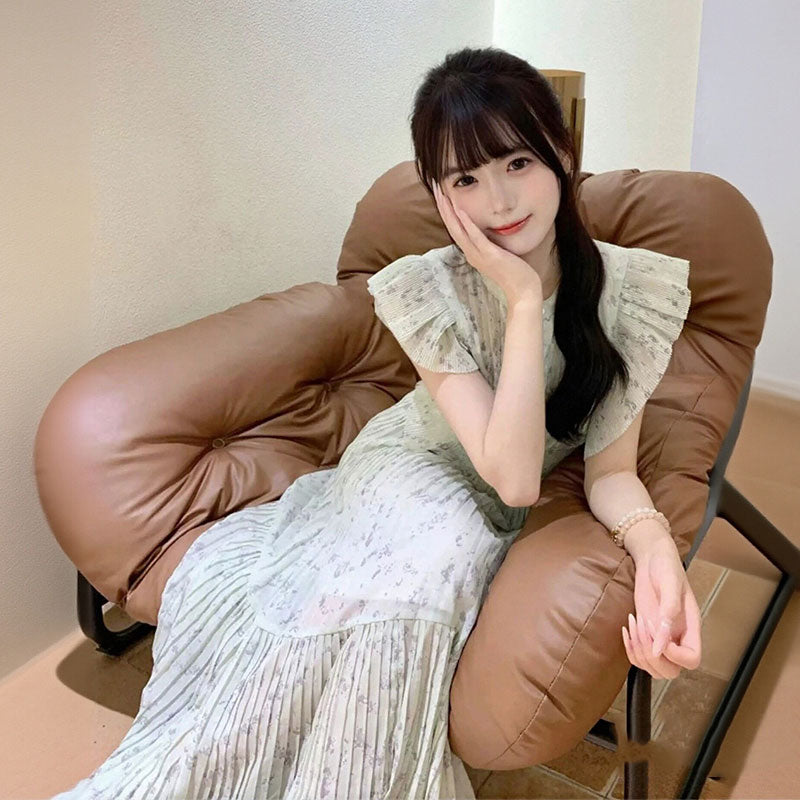 フリル袖 プリーツワンピース 花柄 レディース 高腰 スリム シフォン ドレスデートワンピース