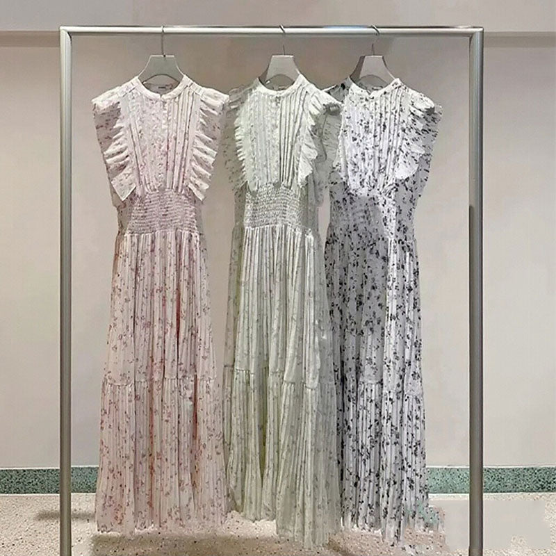 フリル袖 プリーツワンピース 花柄 レディース 高腰 スリム シフォン ドレスデートワンピース