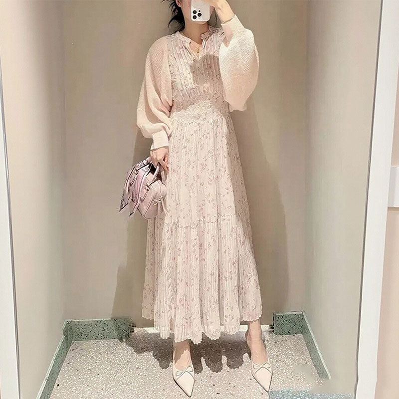 フリル袖 プリーツワンピース 花柄 レディース 高腰 スリム シフォン ドレスデートワンピース