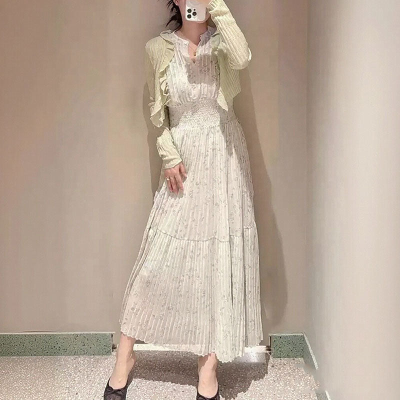 フリル袖 プリーツワンピース 花柄 レディース 高腰 スリム シフォン ドレスデートワンピース