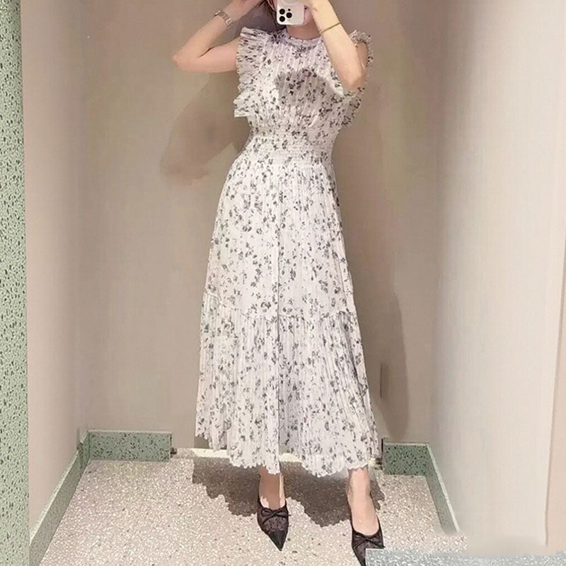 フリル袖 プリーツワンピース 花柄 レディース 高腰 スリム シフォン ドレスデートワンピース