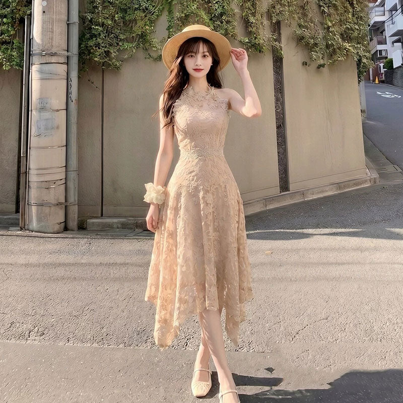 レースワンピース ノースリーブ ハイネック 花柄大人可愛いデートワンピース