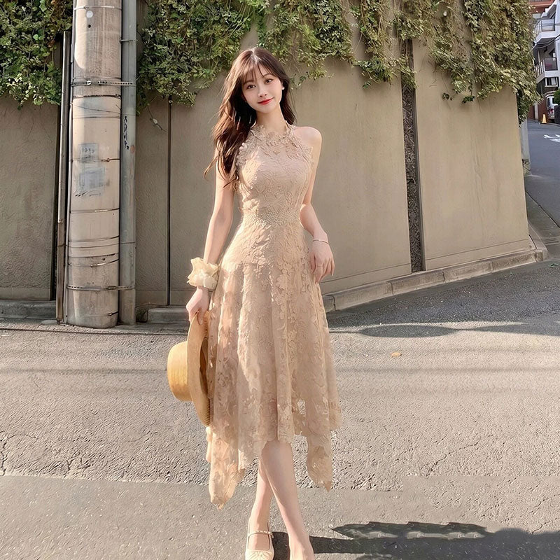 レースワンピース ノースリーブ ハイネック 花柄大人可愛いデートワンピース