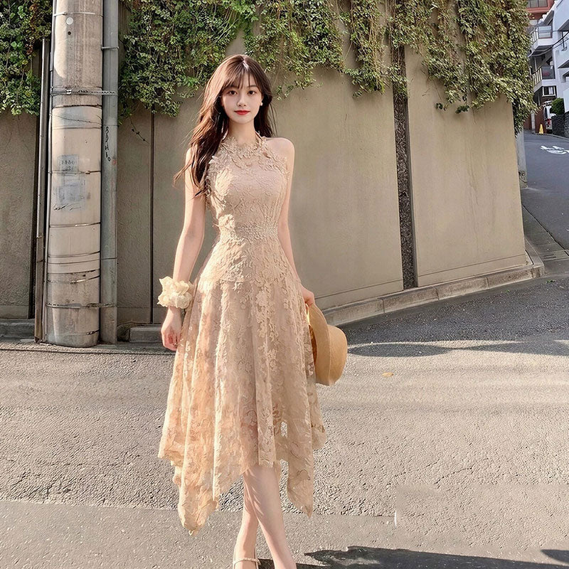 レースワンピース ノースリーブ ハイネック 花柄大人可愛いデートワンピース