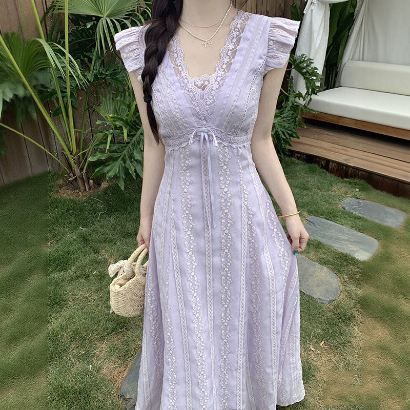 レースワンピース Vネック フリル袖デートワンピース刺繍ドレス 大人可愛い