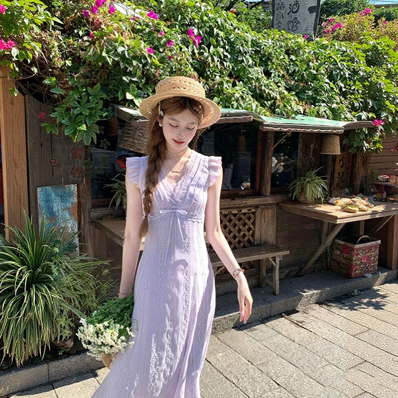 レースワンピース Vネック フリル袖デートワンピース刺繍ドレス 大人可愛い