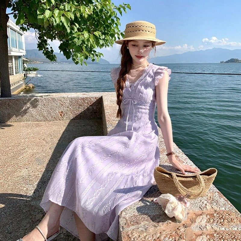 レースワンピース Vネック フリル袖デートワンピース刺繍ドレス 大人可愛い