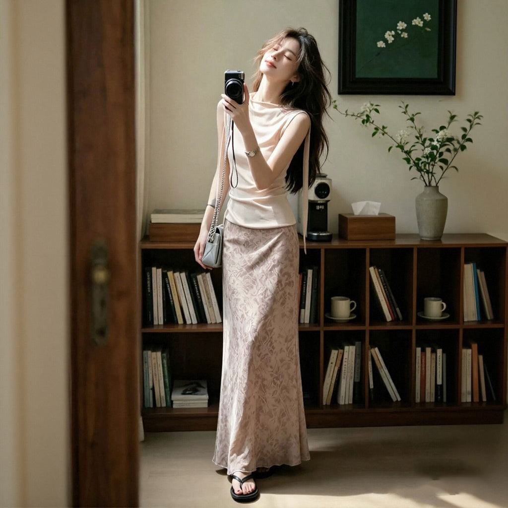 ネックリボントップス+花柄マーメイドスカート 2 点セット 大人上品 デート日常コーデきれいめセットアップ