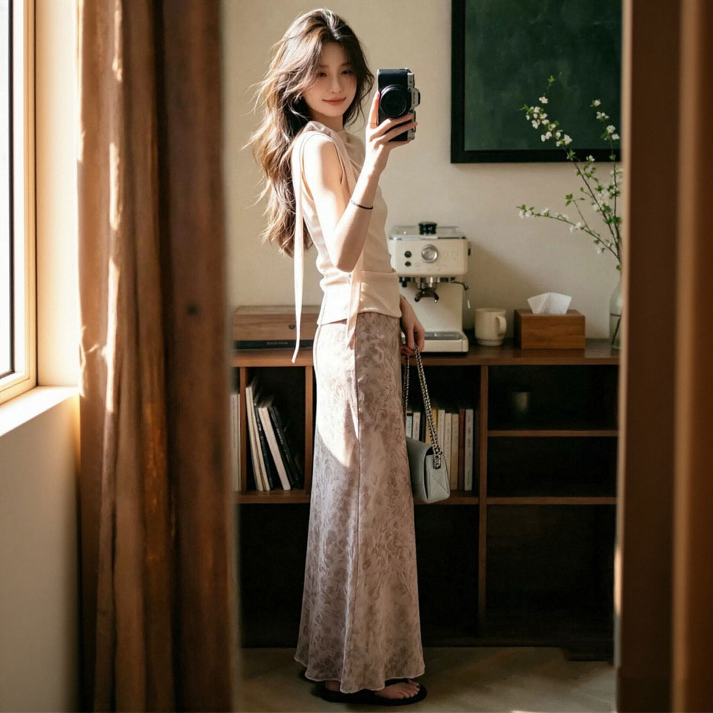 ネックリボントップス+花柄マーメイドスカート 2 点セット 大人上品 デート日常コーデきれいめセットアップ
