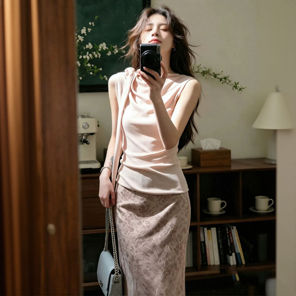 ネックリボントップス+花柄マーメイドスカート 2 点セット 大人上品 デート日常コーデきれいめセットアップ